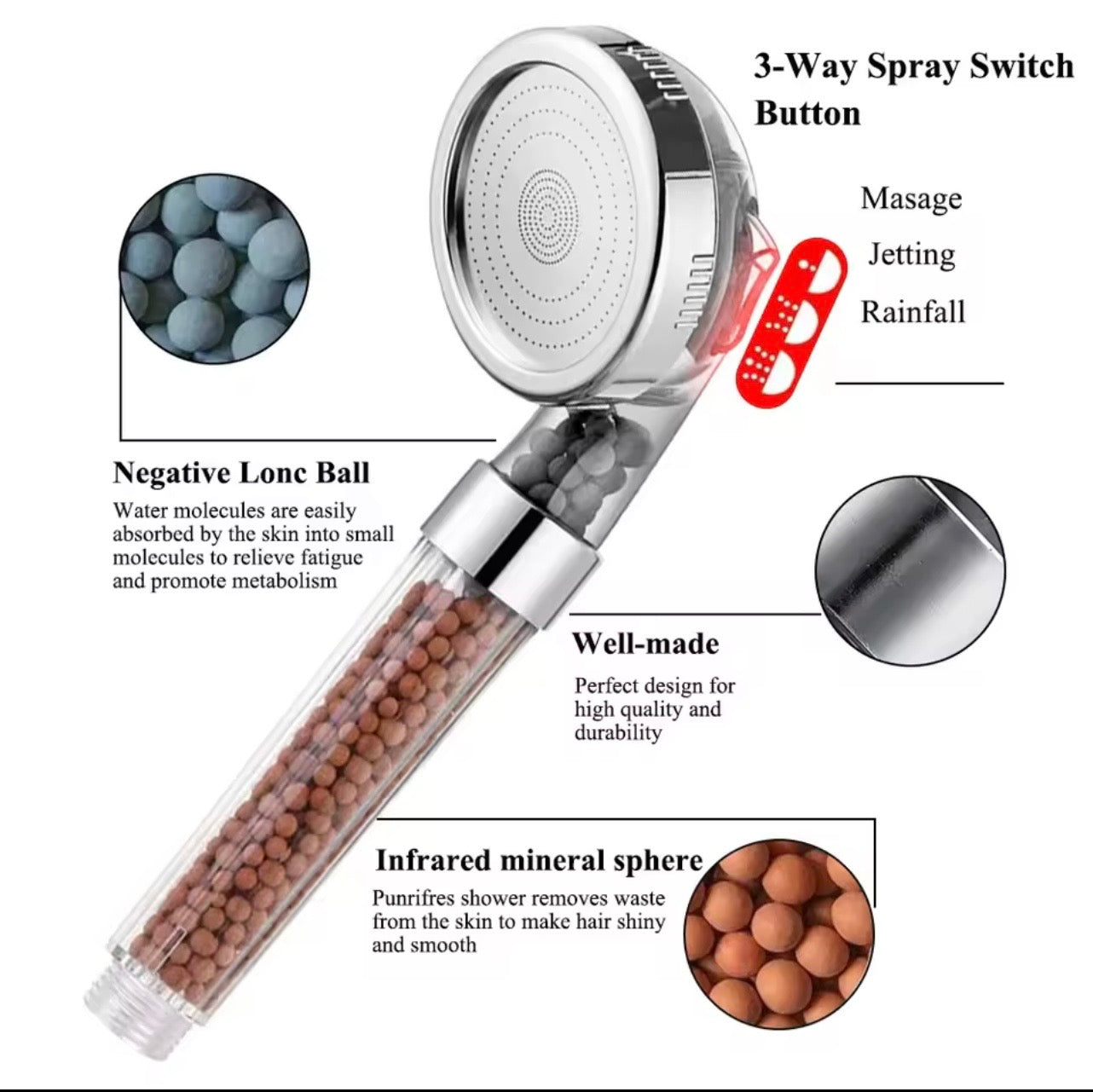 Pommeau de douche SPA haute pression 3 jets filtre minéral